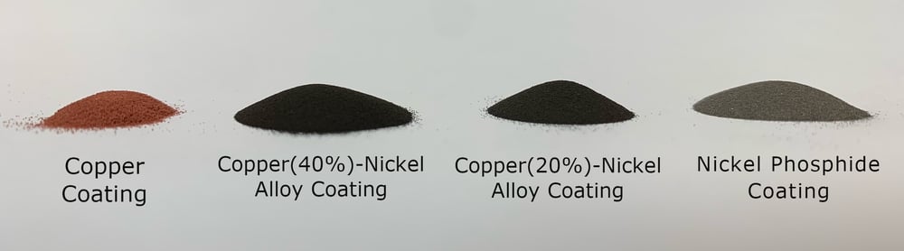 Coated super abrasives: copper, nickel, and copper-nickel alloy.